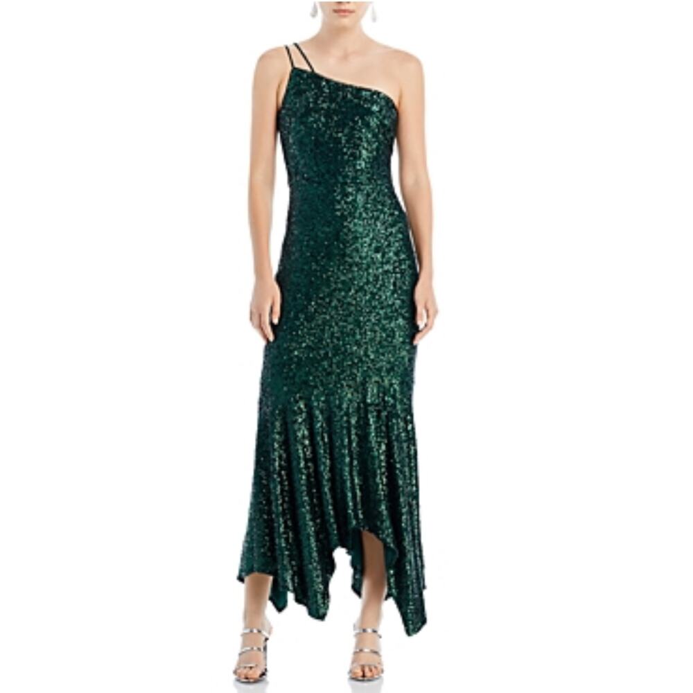 AQUA Women's Cocktail Dress Size 8 Green Sequined One Shoulder Midi Sheath Gown